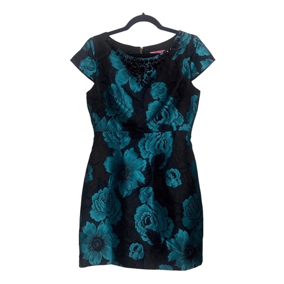 VINTAGE ELIZA J. BLACK & TEAL-BLUE BOAT NECK EMBELLISHED JACQUARD  RHINESTONE - Picture 12 of 16